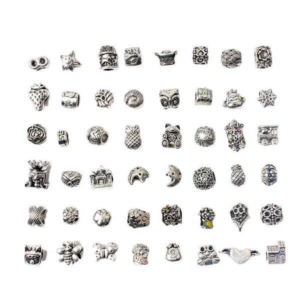 48 Stück/Set gemischte antike Silberlegierung Charms Perlen Metall Bär Schmetterling Tier großes Loch Charm lose Perlen für Armband Armreif DIY Schmuckherstellung Zubehör