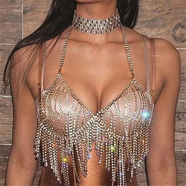 Kinder Dancewear Boho Body Chain BH Silber Sexy Strass Bikini BH Body Neckholder Rückenfrei Pailletten Kette BH Strand Body Zubehör Schmuck für Frauen und Mädchen