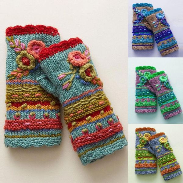 Fünf-Finger-Handschuh für den Winter, warm, lässig, Blumenstrick, fingerlose Handwärmer, Fäustlinge ohne Kaschmir, 221111