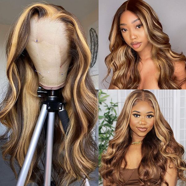 Körper HD Wave Highlight Lace Front Damen Perücke vorgekämmte honigblonde Farbe synthetische Perücke35