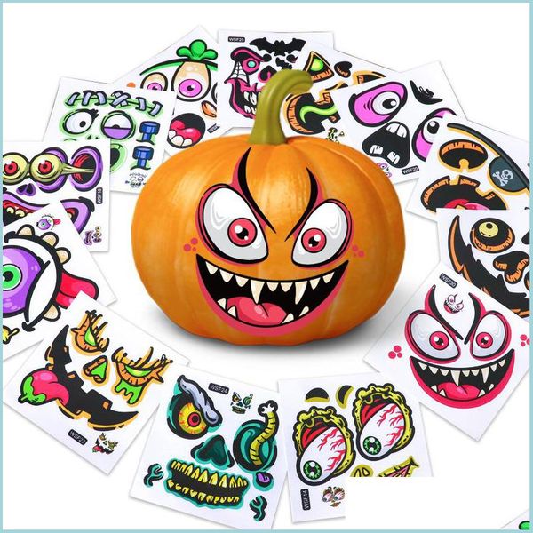 Altre forniture per feste festive Adesivi per zucca per feste di Halloween Simpatici stravaganti Espressioni divertenti Decorazioni Decalcomanie per il viso Regalo per bambini D Dhqls