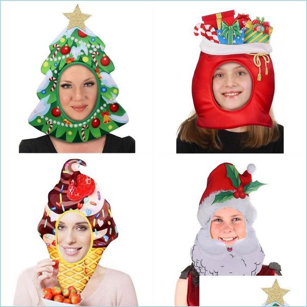 Decorazioni natalizie Costume natalizio Cappelli Albero Babbo Natale Pizza Ciambella Design Divertente Capodanno Accessorio cosplay Consegna a goccia H Dhnhz