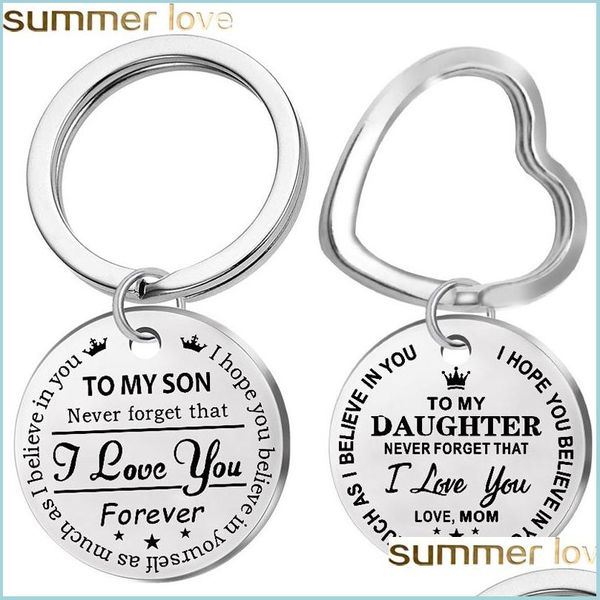 Schlüsselanhänger Mode Edelstahl Schlüsselanhänger mit Gravur „My Son Daughter Forever Love Mom“ Schlüsselanhänger Schlüsselanhänger Charm Anhänger Schmuck GIF Dhtiy