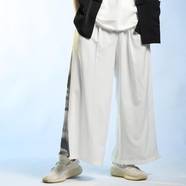 Calça masculina de verão estilo chinês chinês fino tinta de seda de seda tatchwork tai chi perna larga retro solto plus size calça de calça cortada masculina roupas