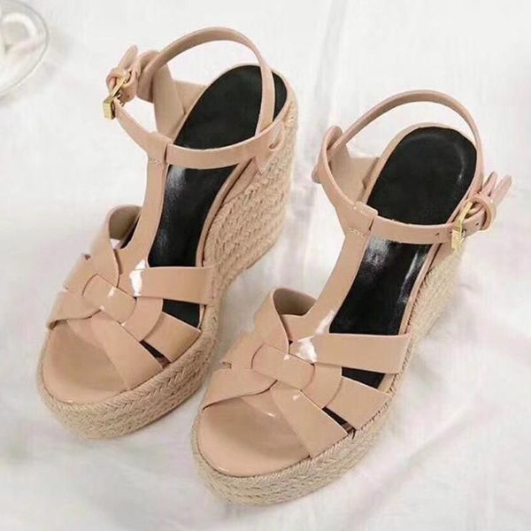 Damen Sandalen High Heels Espadrilles Sandale Leder Luxusmarken Tribute Wedge Leder Braun Nude Schwarz Lack Sexy Hochzeitskleid