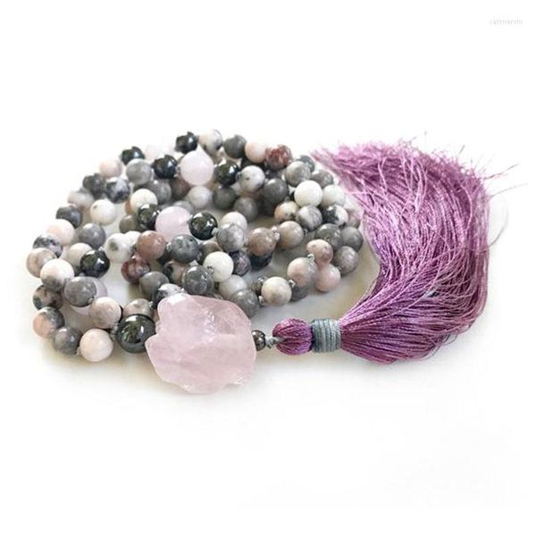 Chains Open The Heart Mala Necklace 6mm Pink Zebra J-asper Raw Rose Quartz Guru Bead 108 Beads Hand Knotted Necklaces Japa