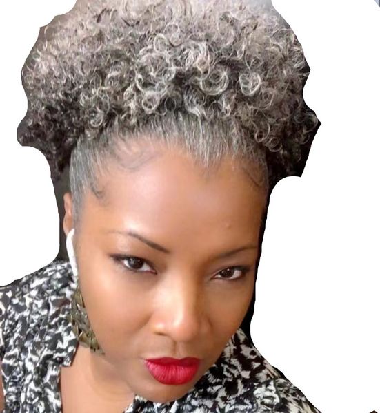 Ombre Grey Afro Puff Kordelzug Pferdeschwanz Natürliche verworrene lockige Pferdeschwanz-Haarverlängerung für schwarze Frauen Afroamerikaner kurze hohe Pferdeschwänze