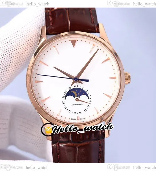 41mm Master Ultra Thin 1362520 Automatic Mens Watch Phases Moon White Dial Q1362520 Cassa in oro rosa Cinturino in pelle marrone Orologi HelloWatch E199b5