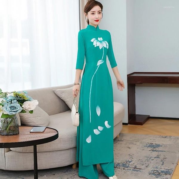 Abbigliamento etnico Ao Dai Vietnam Lady Set 2022 Primavera Estate Donna Dipinto a mano Cheongsam Slim Split Dress Pantaloni a gamba larga Abito a due pezzi