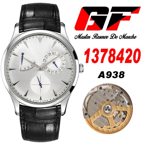 GF Master Ultra Thin A938 Orologio da uomo automatico 1378420 Cassa in acciaio con riserva di carica reale Cinturino in pelle con quadrante argentato Orologi Super Edition Puretime C3