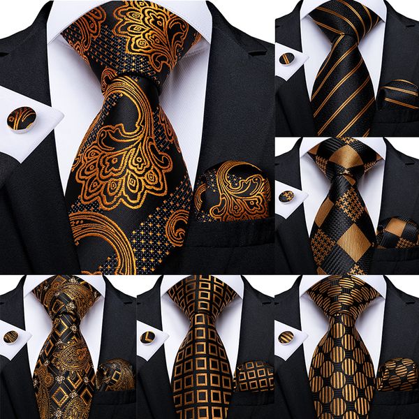 Krawatten-Set, Geschenk für Herren, goldfarben, schwarz, gestreift, Paisley-Seide, Hochzeit für DiBanGu Design, Einstecktuch, Manschettenknopf, Qualität, Tropfen 221014