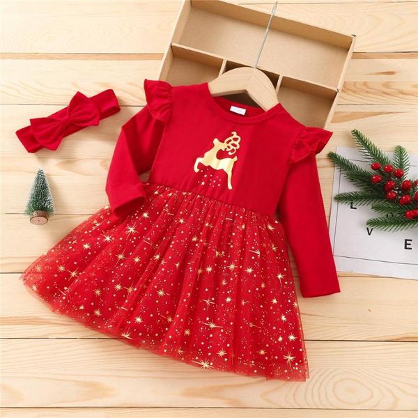 Abiti da ragazza Abito natalizio per bambini con fascia per capelli Simpatici motivi a stella di alce Maglia a maniche lunghe A-Line rosso e copricapo