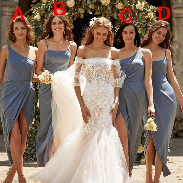 2023 Пыльно-синие платья подружки невесты-русалки на бретельках длиной до чая, шифон с боковым разрезом, на заказ, платье подружки невесты, деревенская свадебная одежда, большие размеры 401 401