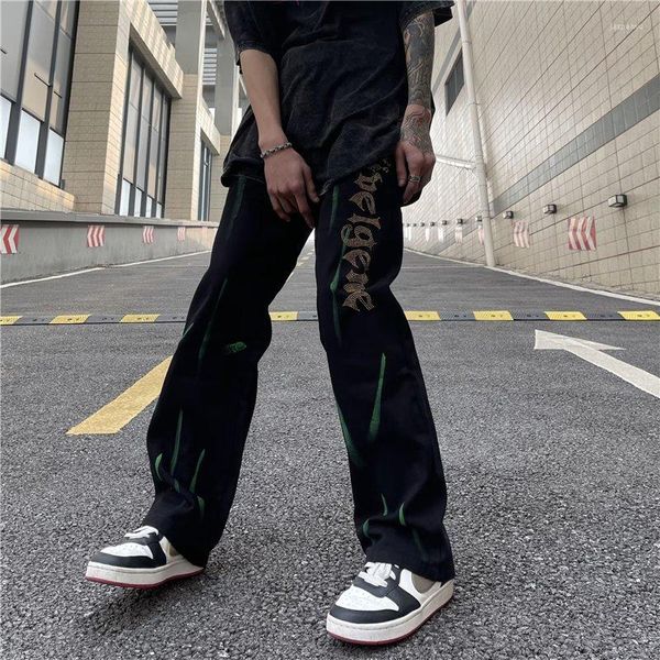 Jeans da uomo 2022 Ropa Lettera Strass Ricamo Baggy Pantaloni da uomo Moda Dritto Vintage Hip Hop Pantaloni in denim Pantalon Homme