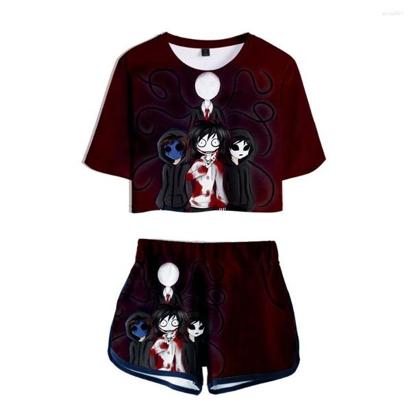 TRABALHO FEMNIMENTOS CREEPYPASTA PRIMAGEM 3D Duas peças Conjunto de mangas curtas Top shorts Suits de sugesto feminino Roupa de traje de verão