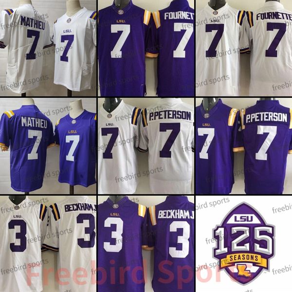 LSU Tigers 7 Tryann Mathieu College Football Jersey Leonard Fournette 7 Patrick Peterson Purple 3 Odell Beckham Jr. White College Mens Jerseys Stitched 125th Patch