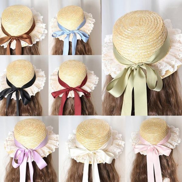 Cappelli a tesa larga Nastro Cappello di paglia Pizzo Spiaggia Sole estivo per donne Protezione Fiori Carino piatto