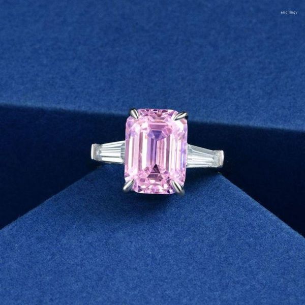 Clusterringe 925 Sterling Silber Drei-Stein-Ring Smaragdschliff in der Mitte Rosa Zirkon Diamanten Weißgold Hochzeitsschmuck für Frauen