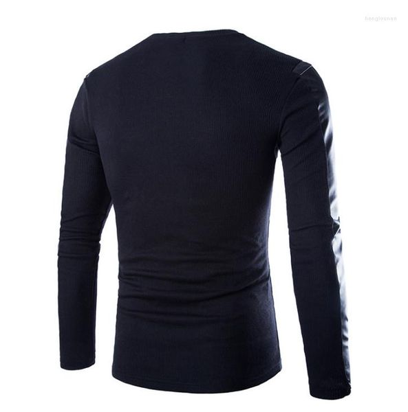 Camisetas masculinas Design Design PU Couro Pat de retalhos de manga longa Camiseta masculina Round Collar Pullover Europa e América Slim Black Tshirts