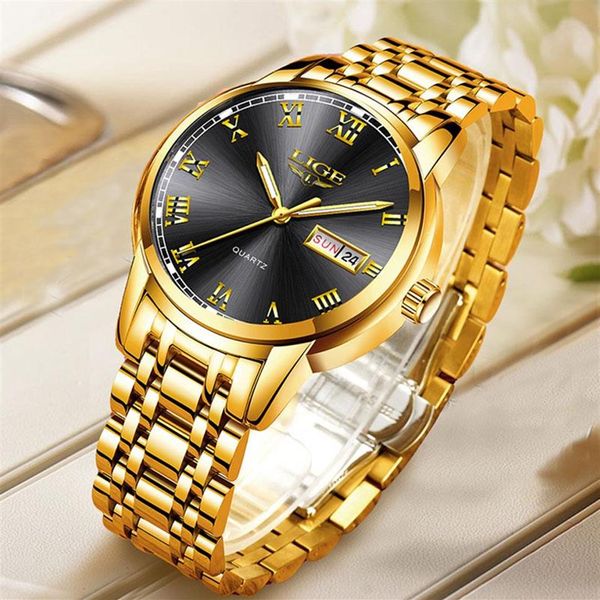 Relógios de pulso 2021 Relógios Mens Top Fashion Quartz Gold Clock Lige All Steel Men Wristwatch Data à prova d'água Semana Dial Watch Box302n