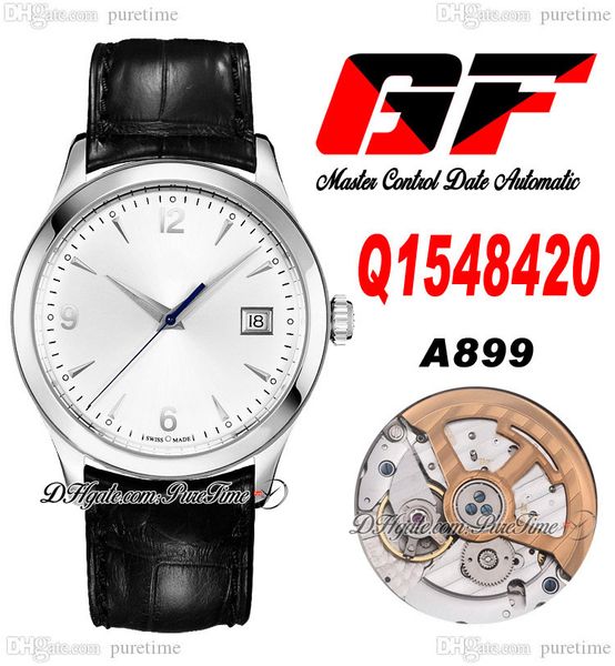 Data de controle mestre da GF A899 Relógio automático de homens Q1548420 Caixa de aço Bush Stick Dial Dial Black Strap Super Edition Relógios PureTime A1