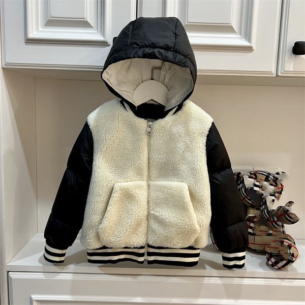 Baby-Designer-Kleidung, Daunenmäntel, Kinderkleidung, Winter, kurze Kapuze, Schwarz-Weiß-Patchwork-Jacke für Kinder, europäischer und amerikanischer Stil, Lammhaar-Jungenmantel