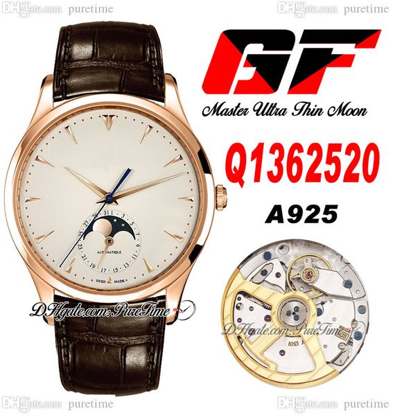 GF Master Ultra Thin A925 Orologio automatico da uomo Q1362520 Cambiamenti di fase lunare mensile 39 mm in oro rosa quadrante bianco Cinturino in pelle marrone Super Edition Orologi Puretime D4