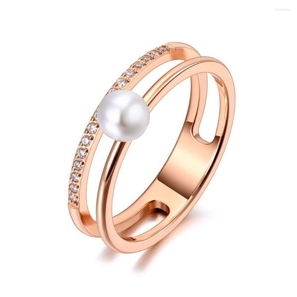 Anéis de casamento titânio aço inoxidável anel branco anel de pérola da moda jóias de ouro rosa de cristal cz para mulheres r20062