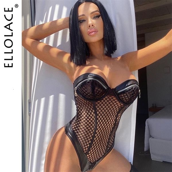 Женские комбинезоны Rompers Ellolace Sensual Fishnet Bodysuit Women Lace Exotic Costumes Sexy Hollow Out Halter Bodycon Lingerie Sissy Zipper Body 221113