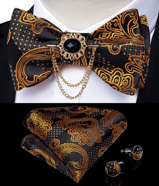 Галстук Set Set Bow S Self Men's Fashion Gold Paisley Свадебная вечеринка Bowtie 100%Silk Men Butterfly Hanky ​​Brooch Pinlinks Dibangu 221014