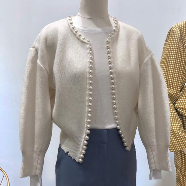 Maglieria da donna Inverno Chic Perle Cardigan lavorato a maglia Capispalla Donna Coreano O Collo Moda Perline Cappotto maglione spesso caldo