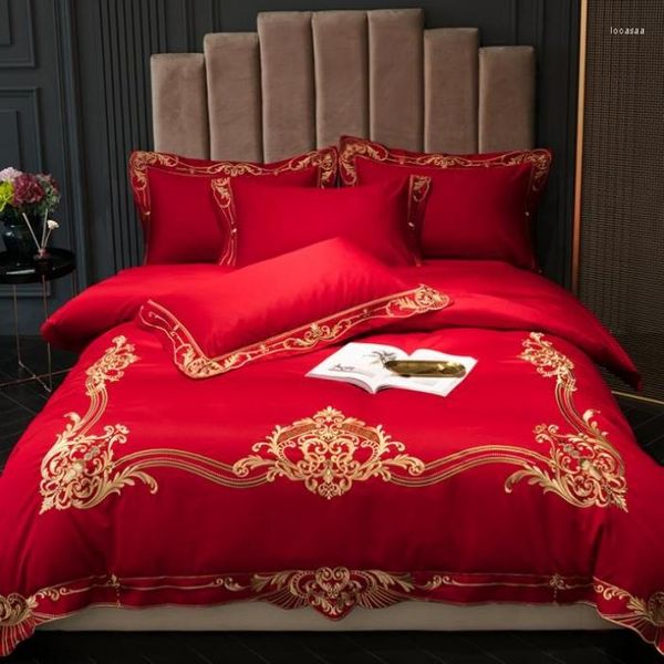 Bedding Sets Super Luxury Golden Borderyery Conjunto de casamento de algodão egípcio Red Duvet Capa Broachcases de lençóis