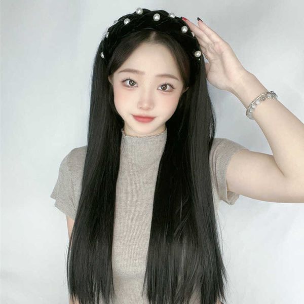 Parrucche per capelli da donna Pizzo sintetico Nero Veet Perla Dritto Mezza calotta Qianhui Stesso stile Teschio alto Cerchio Capelli lunghi ricci