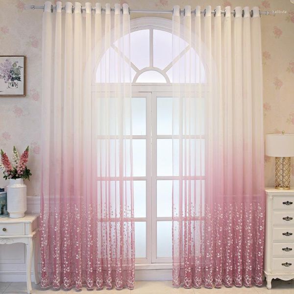 Vorhang, bestickt, durchsichtige Vorhänge für Wohnzimmer, Schlafzimmer, floraler Tüll, rosa Voile-Panel, Fensterbehandlungen, Heimdekoration