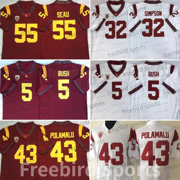 USC Truva atları 5 Reggie Bush College Futbol Forması 43 Troy Polamalu 32 Simpson 33 Marcus Allen Beyaz Kırmızı Kolej Erkek Formaları Dikişli