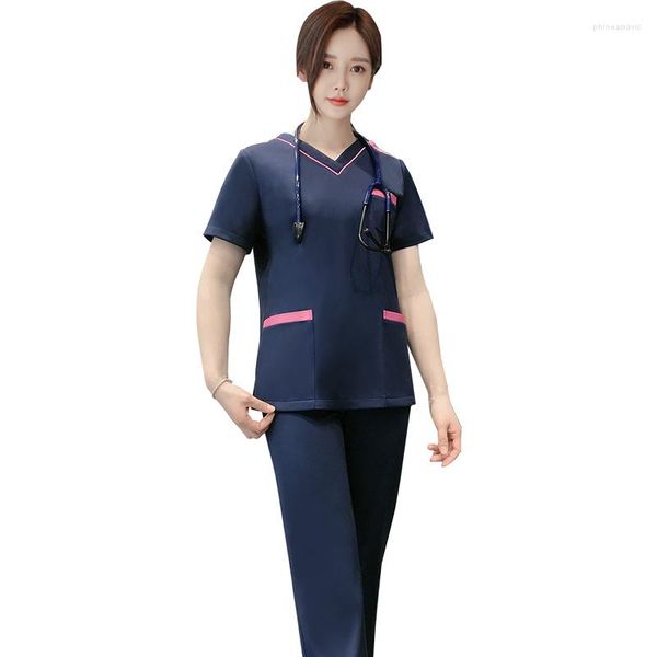 Calças de duas peças femininas trabalhador hosptal usa mulheres uniformes uniformes de gola em ves de gola em ves de traje azul design elegante