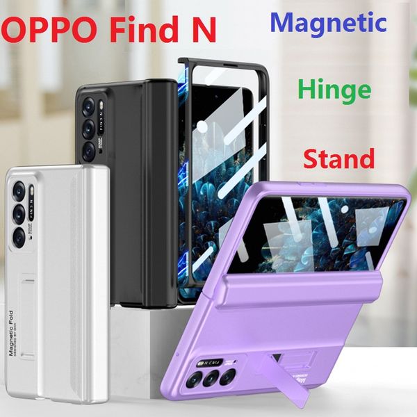 Custodie con cerniera magnetica per OPPO Find N Custodia in vetro temperato con pellicola a 360°, supporto incluso, copertura di protezione del foro della fotocamera