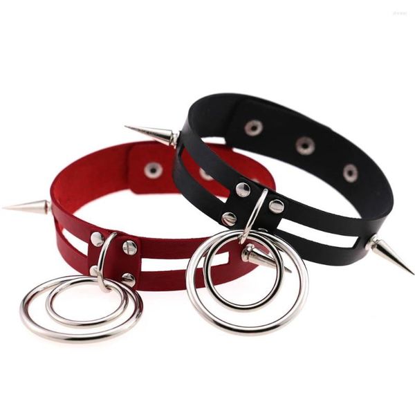 Jóias punk jóias vermelhas de couro preto de couro redondo para mulheres dois rebitados clavitos de colar