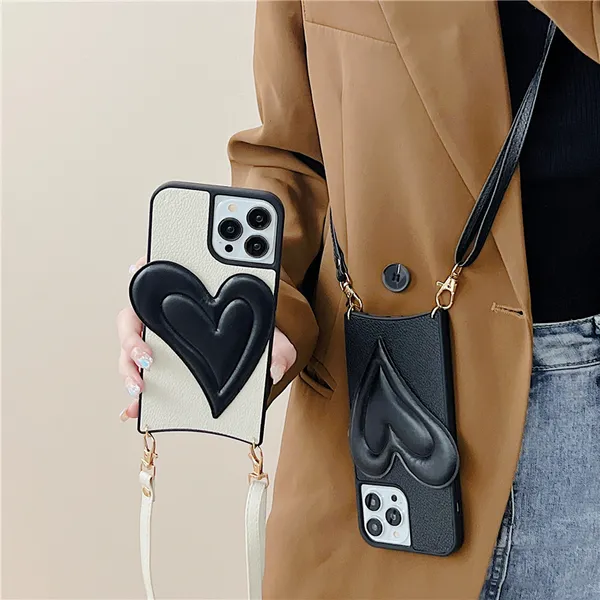 Cadeia crossbody Love Heart Sereia Casos de telefone para iPhone 14 13 12 11 Pro Max 7 8 SE2 SE3 Ajuste do cordão de lichia de grãos traseiros à prova de choque