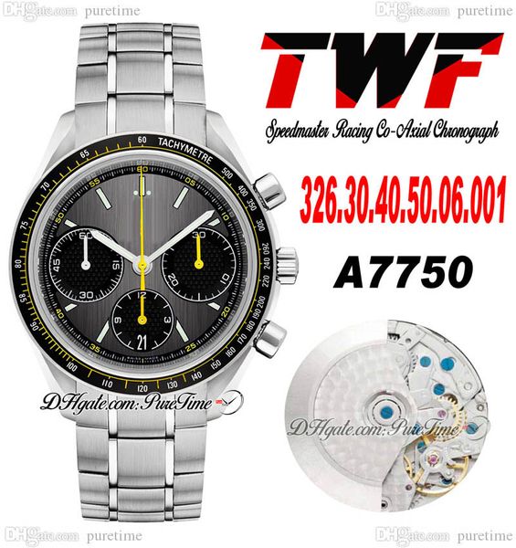 TWF Yarış Ustası A7750 Otomatik Kronograf Mens Watch Eta Tachyeter Çember Gri Siyah Kadran Paslanmaz Çelik Bilezik 326.30.40.50.06.001 Süper Baskı Puretime C3