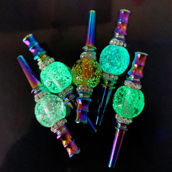 Arcobaleno colorato Fumo Metallo Rimovibile Glow In Dark Ball Filtro Bocca Herb Tabacco Preroll Portasigarette Diamanti portatili Decorare Narghilè Shisha Tips