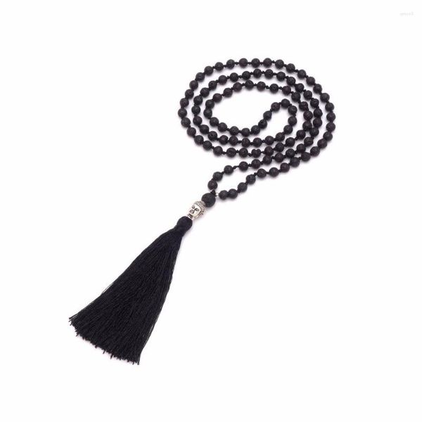 Anhänger Halsketten 108 Mala Perle Natürlicher 6mm Lavastein Buddha Halskette Spiritueller Schmuck Lange Quaste Schwarz geknotet