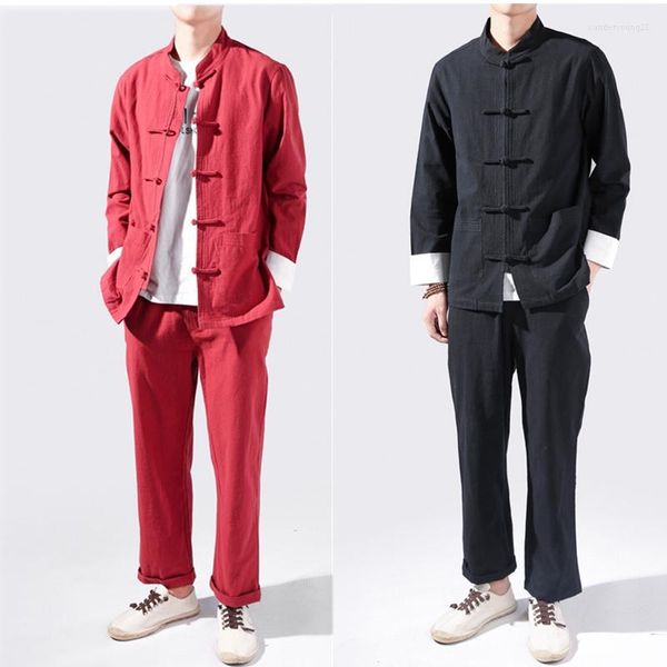 Abbigliamento etnico Cime tradizionali cinesi per uomo Cotone Lino Abito vintage Tang Tai Chi Uniform Giacca a maniche lunghe Pantaloni Abiti Kungfu