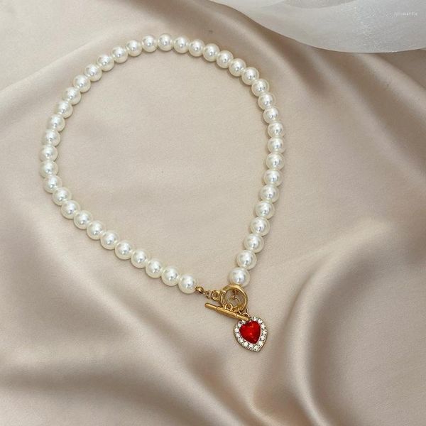 Kolye Kolyeleri Fransa İnci Kolye Kadınlar için Kırmızı Cam Kalp Rhinestones OT TOWLE KULLANICI Zinciri Modaya Dönüşlü Düğün Mücevher Hediye