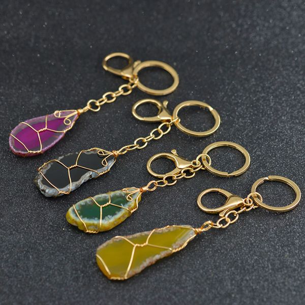 Gold Wire Wrap Achat Stein Schlüsselanhänger Diy Druzy Heilkristall Schlüsselbund Taschenbehänge für Frauen Männer Modeschmuck