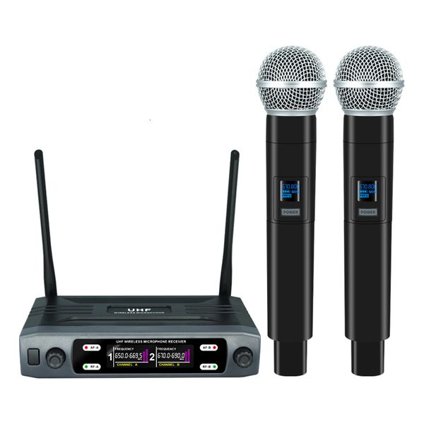 Microfones sem fio Microfones Handheld canais duplos UHF Mic Din￢mico de Frequ￪ncia Fixa para Karaoke Wedding Party Band Church Show 221114