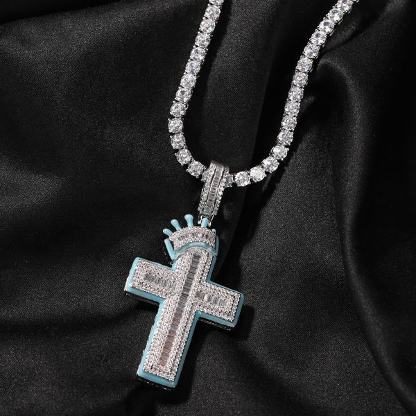 Hip-Hop-Kronen-Kreuz-Halskette mit leuchtendem Diamant-Anhänger und Tenniskette, Seilketten