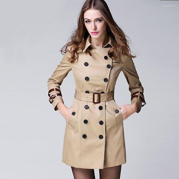 Damen-Trenchmäntel, Damen-Mantel, britischer langer Stil, eleganter Mantel/Designer-Zweireiher-Trenchcoat mit Gürtel/Oberbekleidung, KHAKI