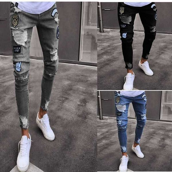 Jeans masculinos verão homens magros buracos rasgados calças jeans adolescente hip pop jeans jeans destruído calças lápis elástico motociclista slim fit jeans t221102