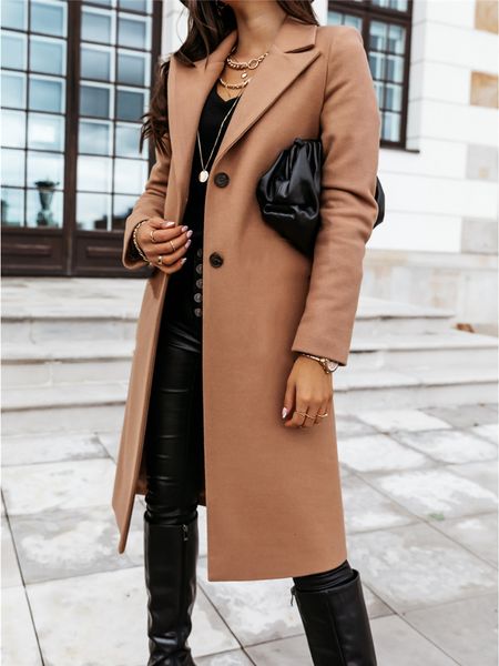 Damen Wollmischungen Herbst Winter Dünnschnitt Midi Lange Damen Mäntel und Jacken Windjacke Peacoat Oberbekleidung Button Solid Overcoat 221114